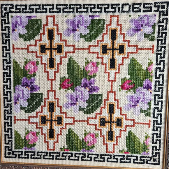Cross Stitch Wall Art Hand Stitched Geometric w Violets & Roses Frame Greek Key - Picture 2 of 6
